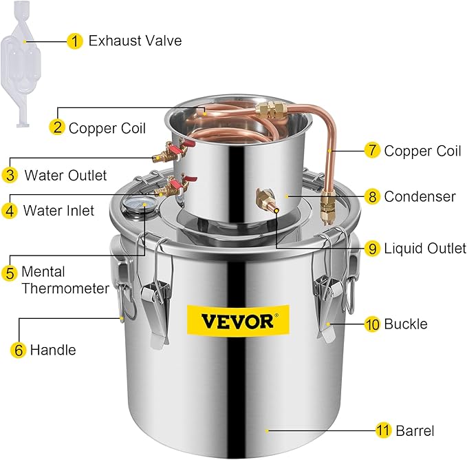 VEVOR Alcohol Still 8Gal/30L Alcohol Distiller Stainless Steel Distillery Kit for Alcohol With Copper Tube & Pump Home Brewing Kit Build-in Thermometer for DIY Whisky Wine Brandy