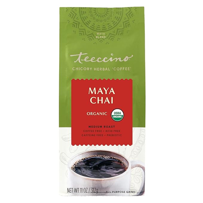 Teeccino Maya Chai Chicory Coffee Alternative - Ground Herbal Coffee That’s Prebiotic, Caffeine-Free & Acid Free, Medium Roast, 11 Ounce (Pack of 3)