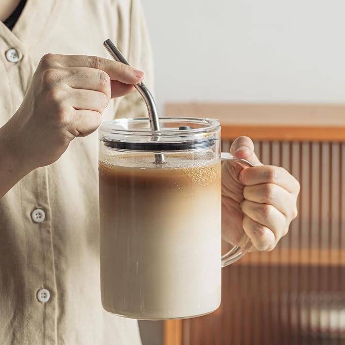 KEMORELA Large Ribbed Glass Tumbler with Handle & Lid, 2‑Pack 1000 ml / 34 oz Glass Cups with Reusable Straw – Thickened Ribbed Glass Mug for Iced Coffee, Juice, Smoothie & Cold Drinks
