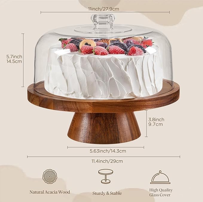 HBlife Cake Stand with Glass Lid (11.4"), Multifunctional Cake Stand with Dome, Acacia Wood 6-in-1 Cake Plate Display Stand with Cover for Baking Gifts, Birthday Kitchen Parties, Weddings