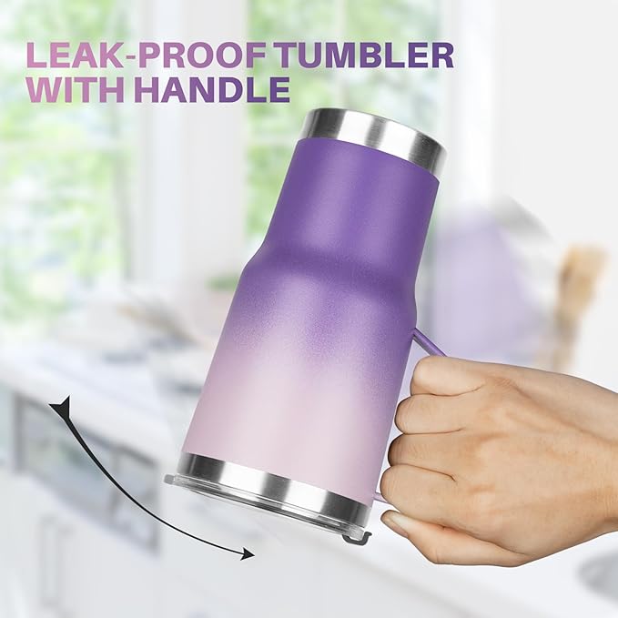 20 oz Tumbler with Handle, Stainless Steel Insulated Tumbler with Lid and Straw, Double Wall Vacuum Coffee Mug Tumbler, Insulated Coffee Thermal Cup for Cold and Hot (Light Dark Purple, 20, ounces)