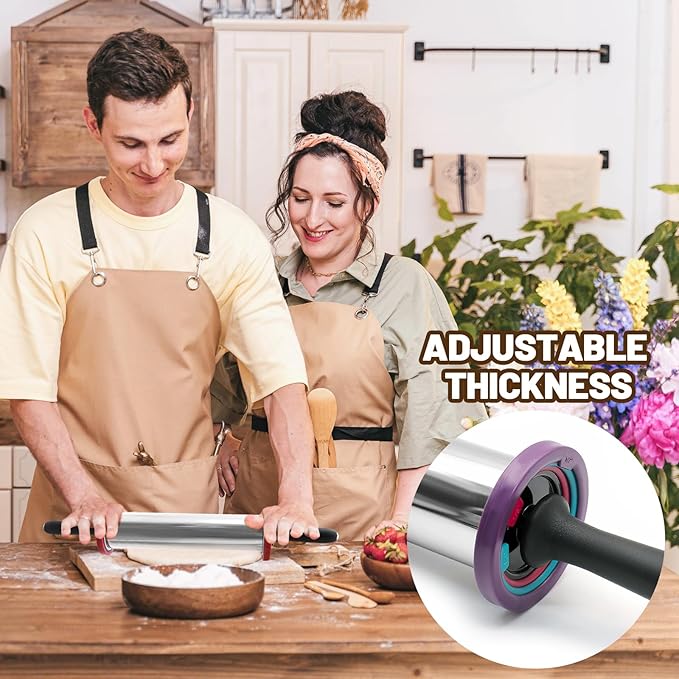 Rolling Pins,Rolling Pin and Silicone Baking Pastry Mat Set,Rolling Pins,Adjustable Stainless Steel Rolling Pin with Thickness Rings for Baking Dough,Pizza,Pie,Pasta