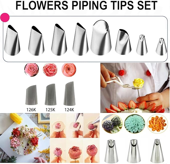 23 pcs Icing Piping Tips（with 8rose flower piping tips 2 Flower Nails 1 Flower Lifter 1Cake Decorating Tips Brush 5 Piping Bags & 6 pastry bag ties）Cake Decorating Tool Kit Petal Icing Tips