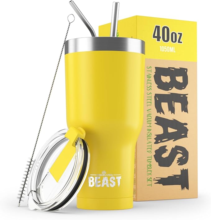 Beast 40 oz Tumbler Stainless Steel Vacuum Insulated Coffee Ice Cup Double Wall Travel Flask (Lemon)