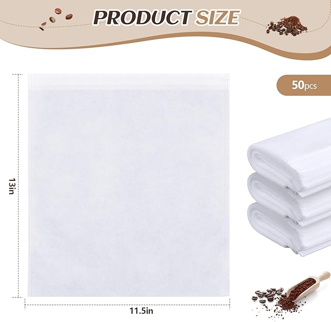 50 Pcs 11.5" x 13" Commercial Home Cold Brew Coffee Filter Bags with Drawstring, Disposable for Commercial Home Cold Brew Coffee Makers