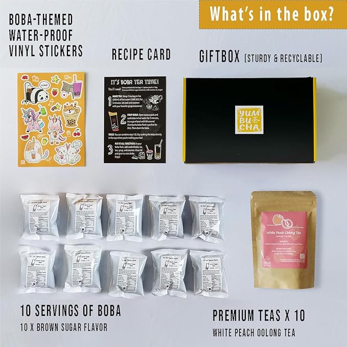 YUMBUCHA Boba Kit Set - DIY Tea Making Kit With White Peach Oolong & Tapioca Pearls - Create 10 Delightful Drinks - Exquisite Loose Leaf Teabags Included - Gift Set for Tea Lovers