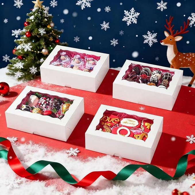 8x6x2.5 Inch 25PCS White Bakery Boxes with Window for Pastry,Treat,Macaron,Dount,Cookies,Chocolate Covered StrawberriesStrawberry,Muffins & Party Favors