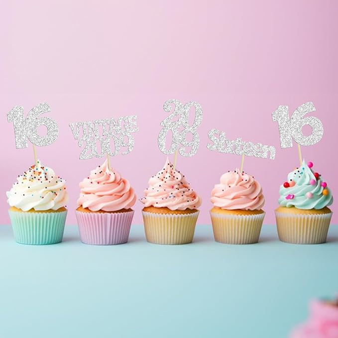 Gyufise 24Pcs 16th Birthday Cupcake Toppers Glitter Sixteen Vintage 2009 Hello 16 Years Birthday Cupcake Picks Sweet 16 Cake Decorations for Happy 16th Birthday Anniversary Party Supplies Silver
