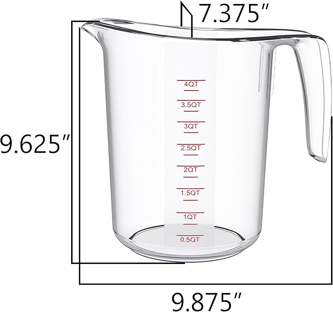 DaYammi Measuring Cups 4-Piece, Unbreakable Food-Grade Plastic Measuring Cup for Dishwasher, 16-Cup Liquid Measuring Cups for Prepping, Baking, Cooking, Readable Markings, 4-Quart/4L, Clear