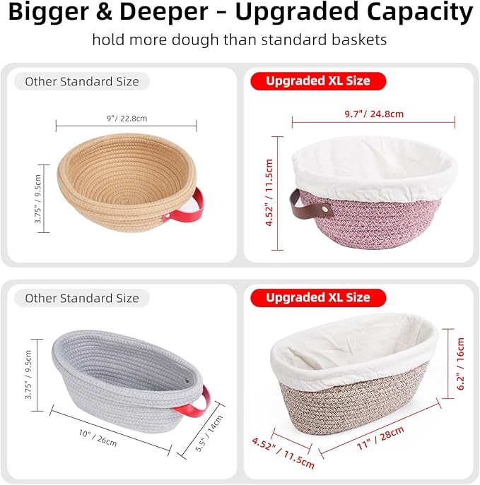 Stackable Cotton Banneton Proofing Basket Set, With Pro Sourdough Aliquot Jar for Rise Tracking – 2-Pack Bread Baskets (Round + Oval), Sourdough Baking Kit for Home Bakers
