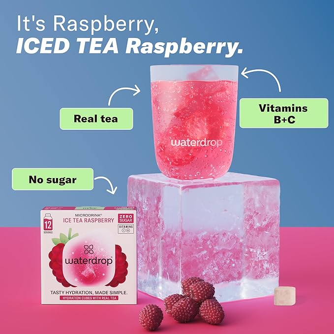 Waterdrop Hydration Cubes, Iced Tea Raspberry, 230 MG Electrolyte & Vitamin Blend Drops for Still & Sparkling Water, Vitamin C & B3, On The Go, Low Calorie, Zero Sugar, Non GMO & Gluten Free, 24 CT