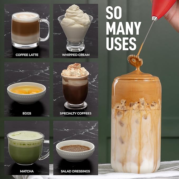 Zulay Kitchen Powerful Milk Frother Wand - Ultra Fast Handheld Drink Mixer - Electric Whisk Foam Maker for Coffee, Lattes, Cappuccino, Frappe, Matcha & Coffee Creamer - Milk Boss Cardinal Red