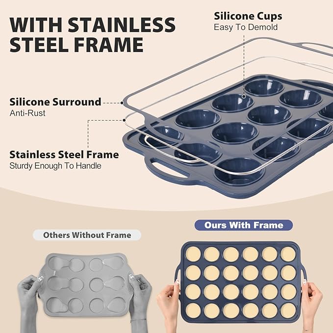 2 Pack Silicone Muffin Pan 12 and 24 Cup with Metal Frame,Non Stick Silicone Mini Cupcake Pan with Handles, BPA Free Silicon Regular Muffin Tin Tray Small for baking, egg bites, Mold Grey