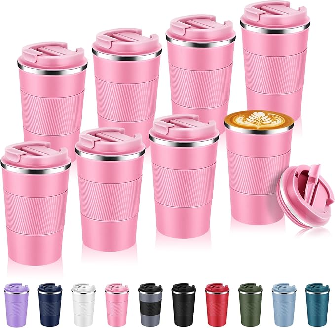 Volhoply 13 oz Stainless Steel Insulated Travel Coffee Mug with Fip Lid Bulk 8 Pack,Reusable Double Wall Vacuum Metal Coffee Cup,Portable Leak Proof Thermal Tumbler for Hot & Cold Drinks(Pink,8)