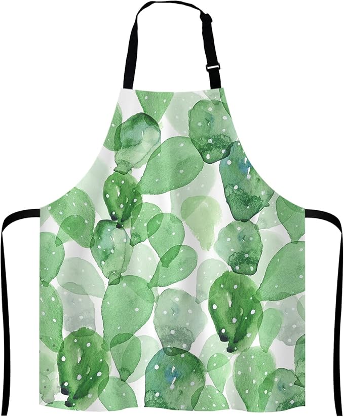Cute Watercolor Cactus Adjustable Bib Apron, Succulent Olive Green Botanical Cooking Kitchen Apron for Men Women