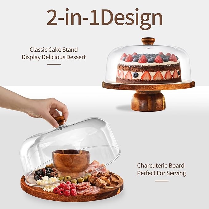Wood-Cake-Stand With Acrylic Dome Lid, Round Wooden Cake Holder Plate With Cover, 2-in-1 Dessert Table Display Set For Party, Charcuterie Board For Cheese, Chips & Dips, Nachos, Fruit Platter