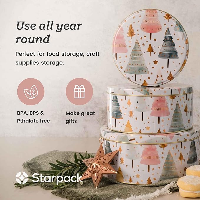 Starpack 'Smart Cookies' Holiday Cookie Tins with lids set of 3, metal cookie gift tins for Christmas and year round