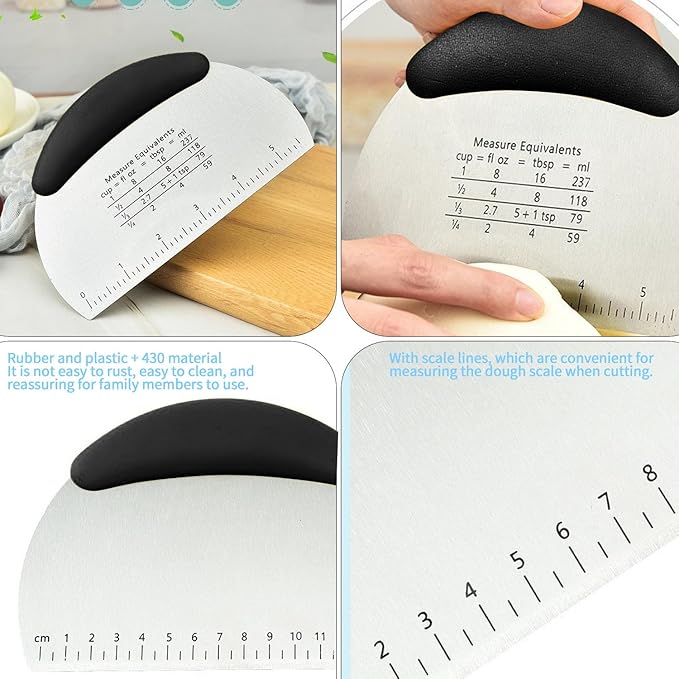 2PCS Dough Scraper Pastry Cutter Dough Cutter Stainless Steel Mirror Polished with Measuring Scale Multipurpose- Cake, Pizza Cutter Pastry Bread Separator Scale Knife (Blcak)