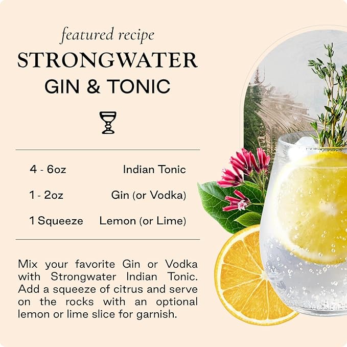 Strongwater Sparkling Indian Tonic Water - 12 Pack Cans (8.4 Fl Oz Each) - Premium Mixer with Quinine, Rocky Mountain Water & Botanicals - No Added Preservatives, Zero Sugar