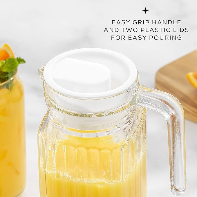 40oz Glass Pitcher with Lid (2 Lids) - Beverage Serveware, Storage Container and Carafe for Cold Drinks and Liquids. Glass Water Pitcher also for Juice, Bedside Carafe, Sun Tea Jar