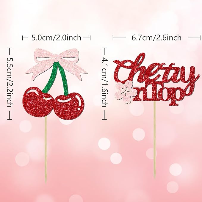 24 Pack She's the Cherry On Top Cupcake Toppers, Glitter Cherry Sweet Cake Pick for Fruits Theme Baby Shower and Bridal Shower Decorations Supplies (Top)