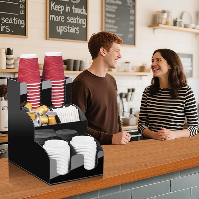 MYITYARD Coffee Station Organizer, Coffee Cup Holder for Countertop, Cup and Lid Dispenser with 6 Compartment, Cup and Condiment Station for Home, Kitchen, Office and Breakroom