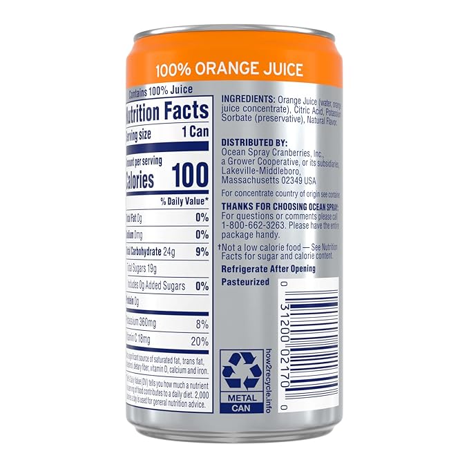 Ocean Spray 100% Orange Juice, 7.2 oz Cans (Pack of 24)