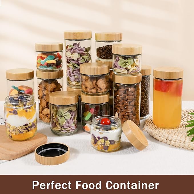 OcePor 6 Pack 24oz Glass Jars with Bamboo Lids, Over Night Oats Container with Airtight Lid, Glass Snack Storage Salad Jars For Food, Yogurt, Sugar and Flour,Coffee Bean, Cookie, Cereal
