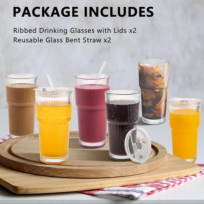 20oz Ribbed Glass Cups with Lids and Straws 2 Set, Vintage Glassware for Whiskey Cocktail Beer, Glass Tumbler, Iced Coffee Cups For Cold Drinks, Smoothie, Juice,Drinking (2)