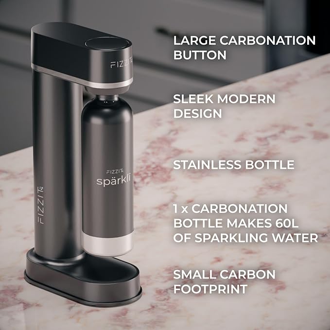 Black Stainless Steel Sparkling Water Maker with 2 CO2 Cylinders & 1L Reusable Bottle