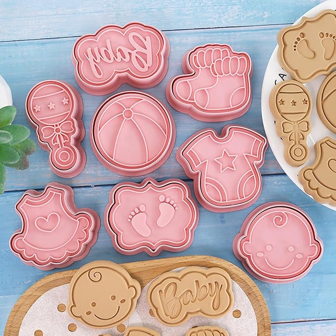 8 Pcs Cute Baby Shower Cookie Cutters for Baking Plastic Cookie Stamps Newborn Party Biscuit Mould Set DIY Fondant Biscuit Stamps Kitchen Tools(L8)
