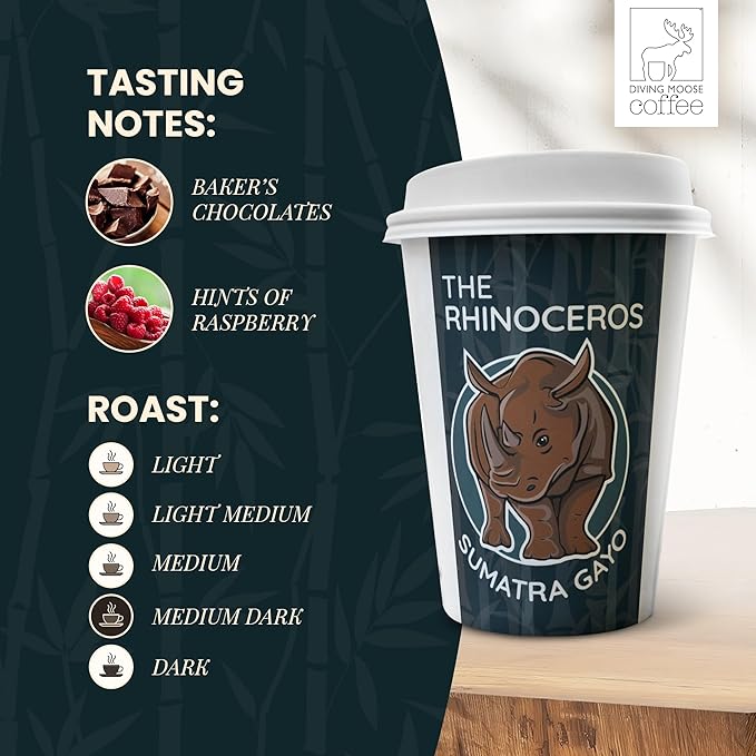 Diving Moose Coffee - The Rhinoceros Sumatra Gayo USDA Organic Medium Dark Roast (32oz / 2 LB) - Bakers Chocolate Raspberry Specialty Grade Small-Batch Roasted to Order Smooth Not Bitter