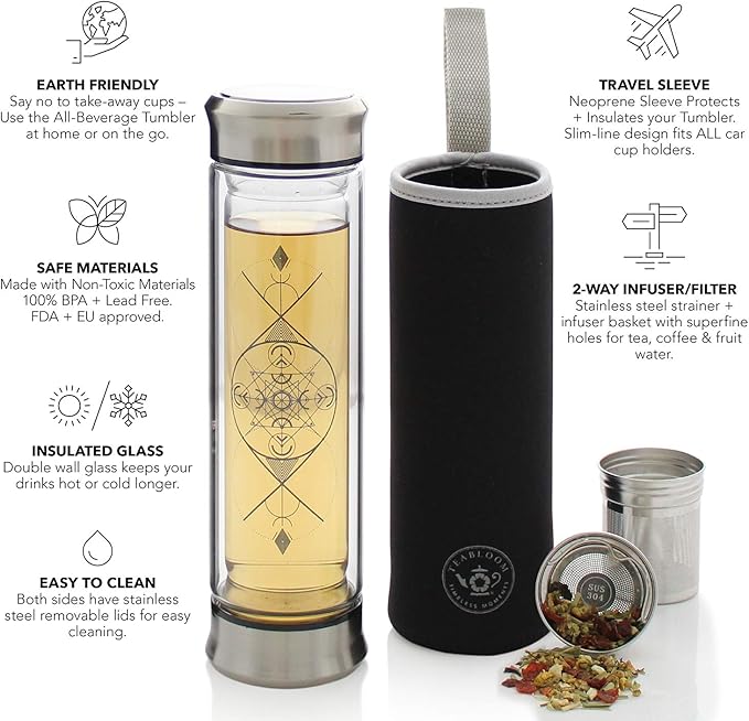 Teabloom All-Beverage Infusion Bottle – 14 oz / 400 ml – Double Wall Insulated Glass Travel Flask – Hot Tea & Cold Brew Coffee Thermos – Removable Sleeve