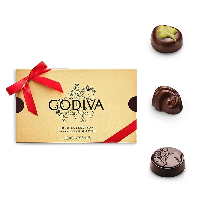 Godiva Red Bow Gold Dark Chocolate Gift Box, Belgian Dark Chocolates with Ganaches, Nuts & Caramels, Gourmet Holiday Gift, Non-GMO & Kosher, 15 Pc