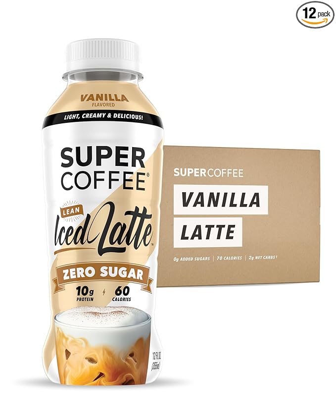 Super Coffee, Ready To Drink Iced Coffee, Vanilla Latte (12 Ounce Bottles, Pack of 12) - Low Net Carbs, No Added Sugar, Keto Friendly, 10g of Protein, Low Calorie, Protein Coffee