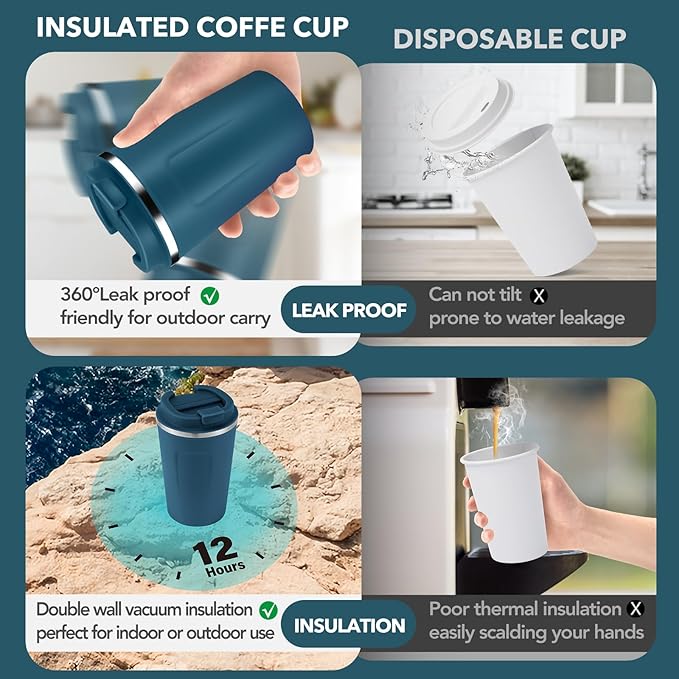 Volhoply 12 oz Double Wall Insulated Vacuum Travel Coffee Mug with Flip Lid Bulk 2 Pack,Reusable Stainless Steel Leak Proof Coffee Cup,Portable Thermal Tumbler for Cold&Hot Drinks(Assort Color,2 Set)