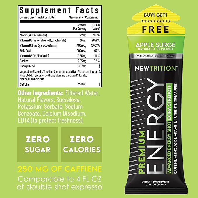 NewTrition® Extra Strength Energy Shots, 250mg Caffeine Energy Shots with Vitamin B & Amino Acids, Sugar-Free Vitamin Energy Shot, 1.7 fl oz (Pack of 24, Apple Surge)