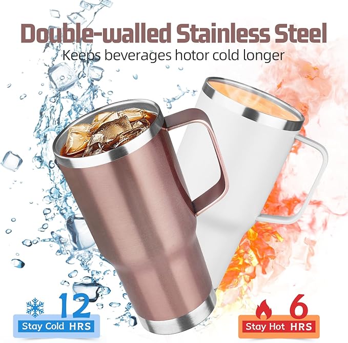 20 oz Rose Gold Stainless Steel Insulated Tumbler with Handle, Lid, Straw - Double Wall Vacuum Insulated Coffee Mug, Leak Proof Travel Mug for Hot and Cold Drink