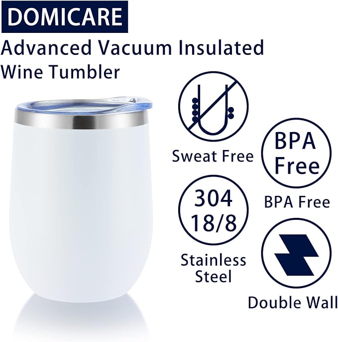 DOMICARE Stainless Steel Wine Tumbler Bulk with Lid, Personalized White Insulated Tumblers Set, 12oz Travel Coffee Cups Pack of 8