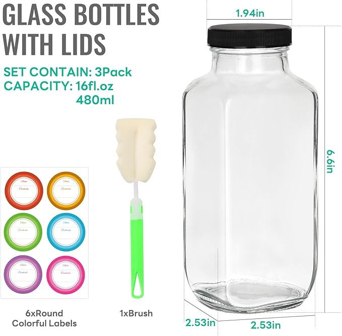 16 oz Glass Juice Bottles with Lids 3 Pack, Reusable Glass Drink Bottles,500ml Water Drinking Bottle for Milk,Juicing,Kombucha,Ginger,Beverage Glassware,Juice Drinking Jars