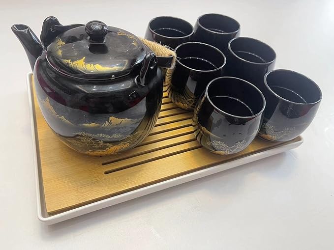 Japanese Tea Set, Black Glazed Tea Set in Gift Box With 1 Teapot, 1 Tea Strainer, 1 Tea Tray and 6 Tea Cups. Ideal Tea Set for Office Home, Asian Tea Sets for Tea Lovers(Landscape Black and Black Cup)