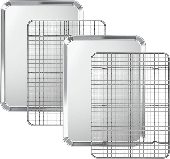 Baking Sheet with Cooling Rack Set [2 Sheets + 2 Racks], Deedro Stainless Steel Cookie Half Sheets Baking Pan Oven Tray with Rack, 16 x 12 x 1 Inch, Heavy Duty, Non-toxic, Dishwasher Safe