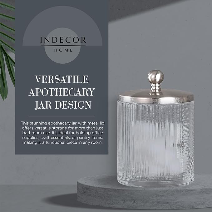 Glass Jar with Metal Lid for Bathroom Organization, Clear Apothecary Jar for Cotton Balls, Q Tips, and Small Accessories, Stylish Bathroom Storage Container Nickel, Clear