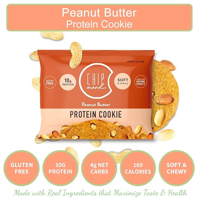ChipMonk Baking, Peanut Butter High Protein Cookies - Low Carb Diet Friendly Gym Snacks, Meal Replacement Cookie, Gluten-Free, Healthy Low Sugar Sweet Snack - Balanced Nutrition Baked Desserts