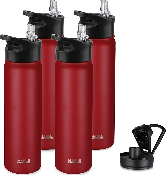 HASLE OUTFITTERS Insulated Water Bottle 22 oz Double Wall Stainless Steel Water Bottle Wide Mouth with Straw Lid & Spout Lid Keeps Cold or Hot(Red,4)