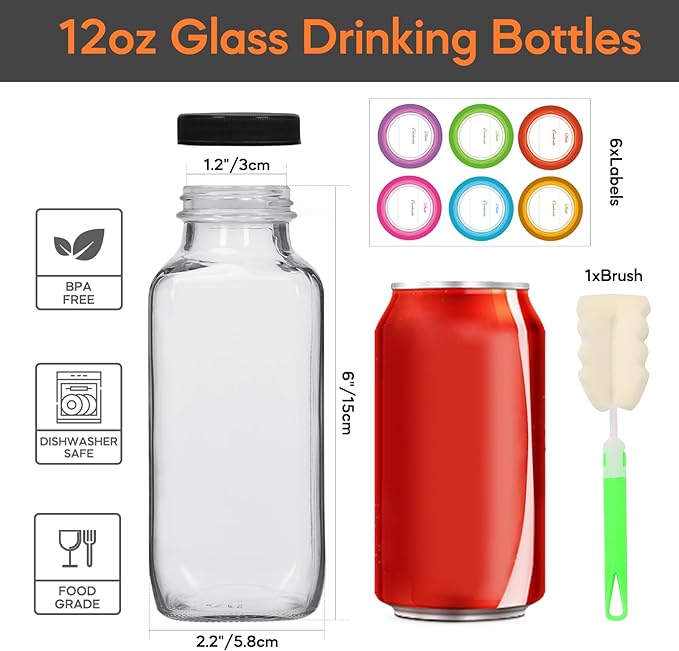 STARSIDE 12 oz Glass Juice Bottles with Lids 6 Pack - Square Reusable Drinking Jars for Juicing, Milk, Kombucha - Includes 1 Bottle Brush, 6 Colored Labels