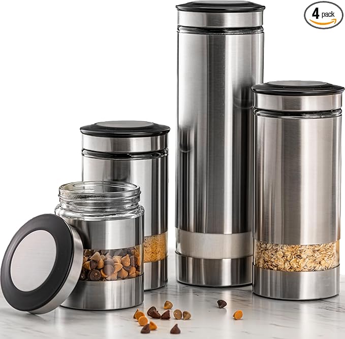 Le'raze Airtight Food Storage Container for Kitchen Counter with Window, [Set of 4] Canister Set Ideal for Flour Tea, Sugar, Coffee, Candy, Cookie Jar