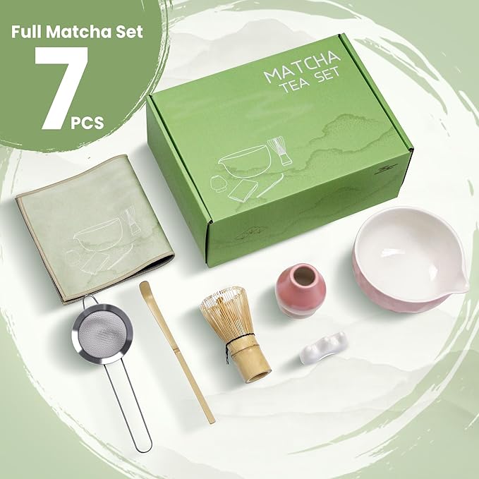 7-Pcs Matcha Whisk Set - Ceramic Matcha Set Includes Bowl,Whisk,Holder,Bamboo Scoop,Scoop Rest,Sifter & Tea Towel – Japanese Traditional Tea Kit for Beginners & Tea Lovers (Gradient Pink)