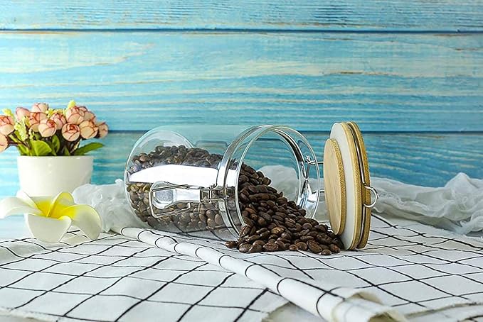 Set of 5 Borosilicate Glass Sugar Packet Holder Food Storage Jar Containers with Airtight Bamboo Clamp Lid, Airtight Canisters for Kitchen Bathroom and Pantry Organization, Cookie Jars for Flour
