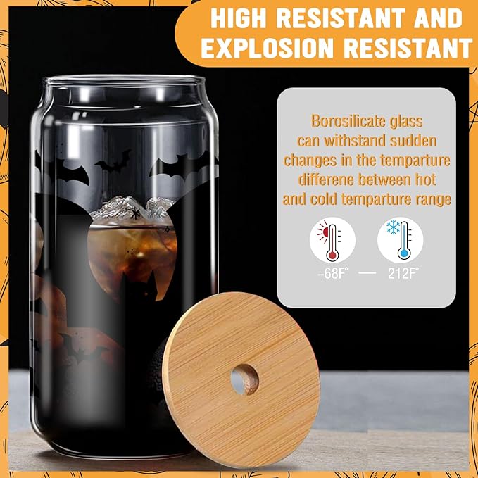 Black Bat Tumbler - 16oz Black Glass Mug with Lid and Straw, Gothic Themed Iced Coffee Cup, Birthday and Spooky Gothic Horror Theme Gift